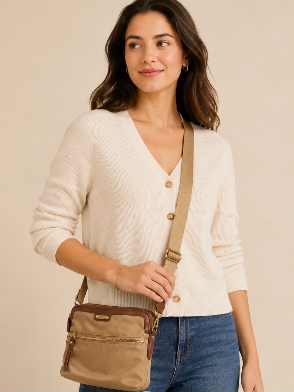 Naturalizer Beige Nylon Crossbody Bag with Gold Hardware - Picture 2 of 8